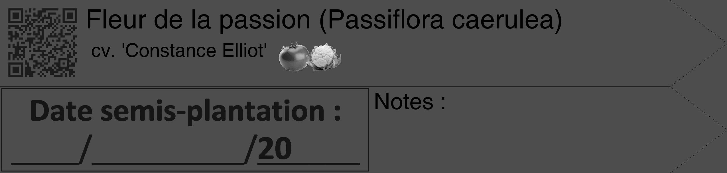 Étiquette de : Passiflora caerulea cv. 'Constance Elliot' - format c - style noire28_simple_simplehel avec qrcode et comestibilité simplifiée