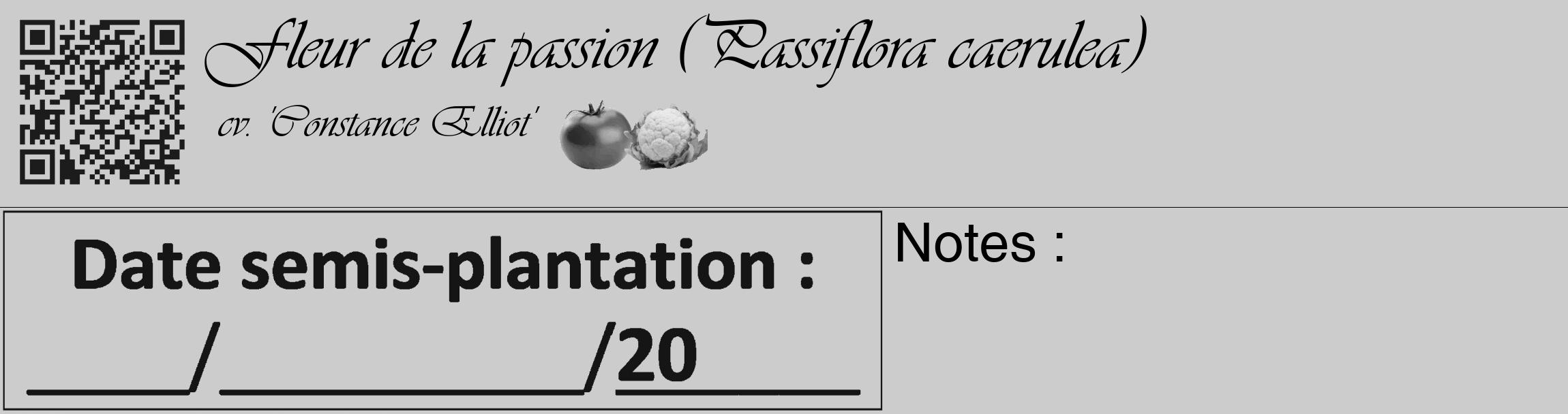 Étiquette de : Passiflora caerulea cv. 'Constance Elliot' - format c - style noire0_basique_basiqueviv avec qrcode et comestibilité simplifiée
