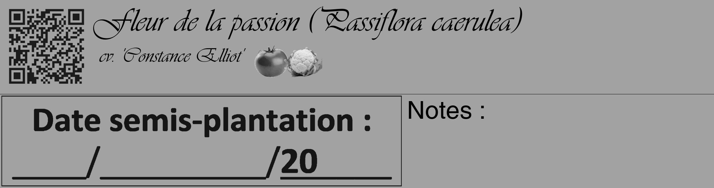 Étiquette de : Passiflora caerulea cv. 'Constance Elliot' - format c - style noire38_basique_basiqueviv avec qrcode et comestibilité simplifiée