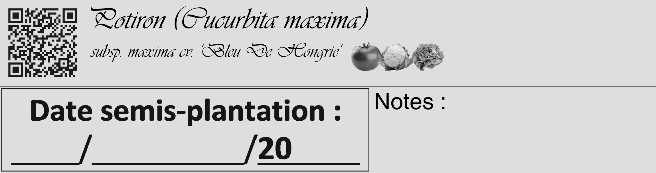 Étiquette de : Cucurbita maxima subsp. maxima cv. 'Bleu De Hongrie' - format c - style noire20_basique_basiqueviv avec qrcode et comestibilité simplifiée