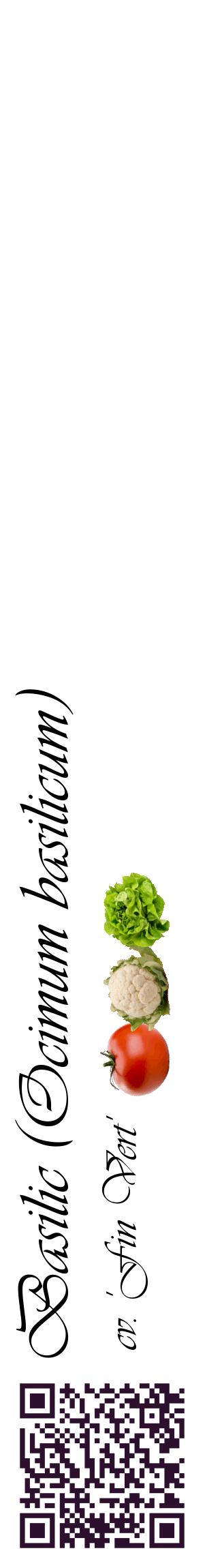 Étiquette de : Ocimum basilicum cv. 'Fin Vert' - format c - style noire60_basiqueviv avec qrcode et comestibilité simplifiée