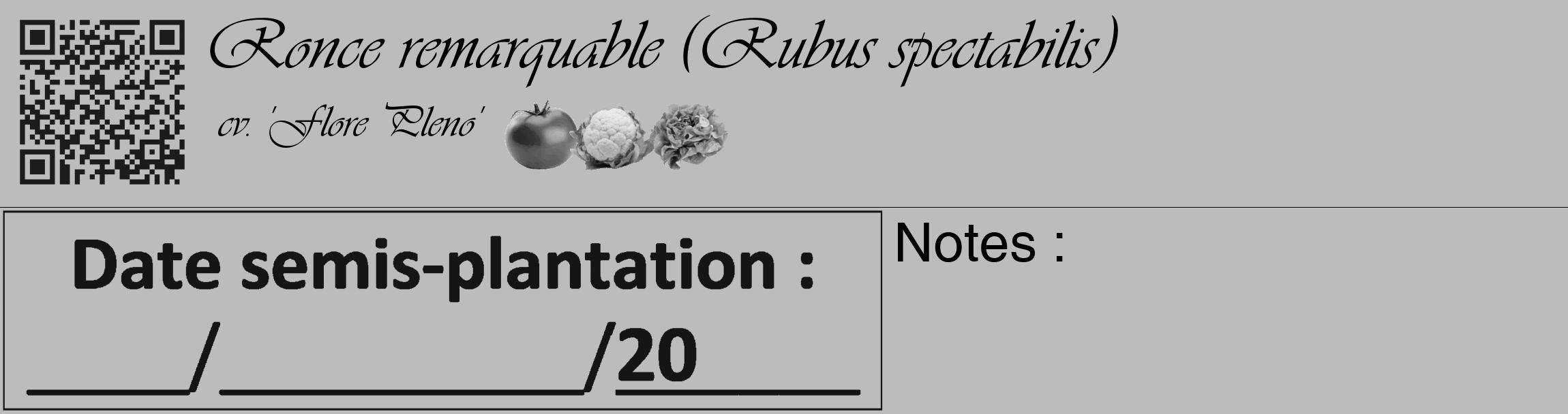 Étiquette de : Rubus spectabilis cv. 'Flore Pleno' - format c - style noire1_basique_basiqueviv avec qrcode et comestibilité simplifiée