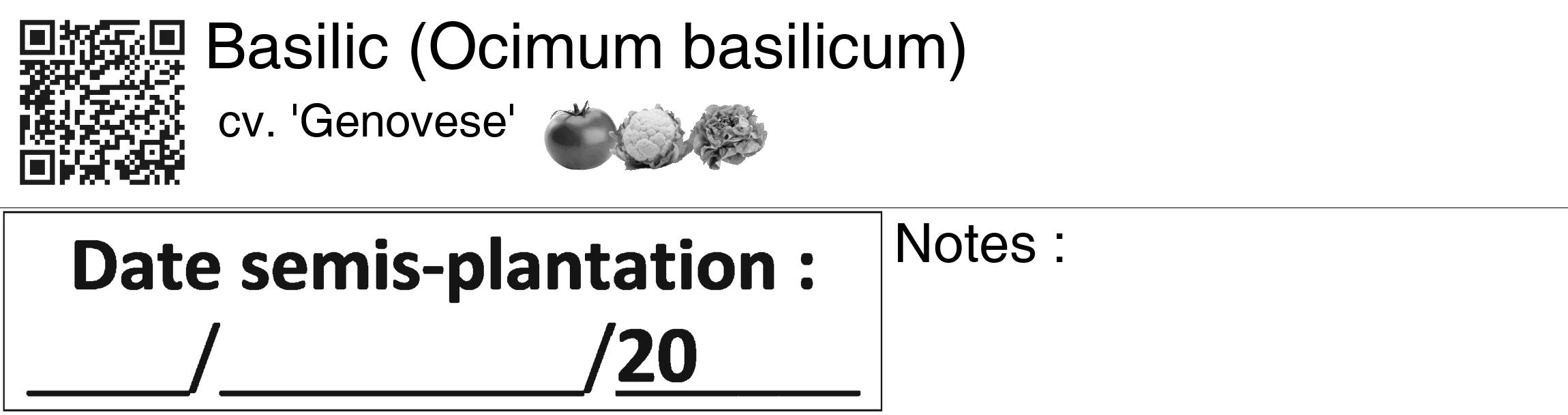 Étiquette de : Ocimum basilicum cv. 'Genovese' - format c - style noire60_basiquegrrvhel avec qrcode et comestibilité simplifiée