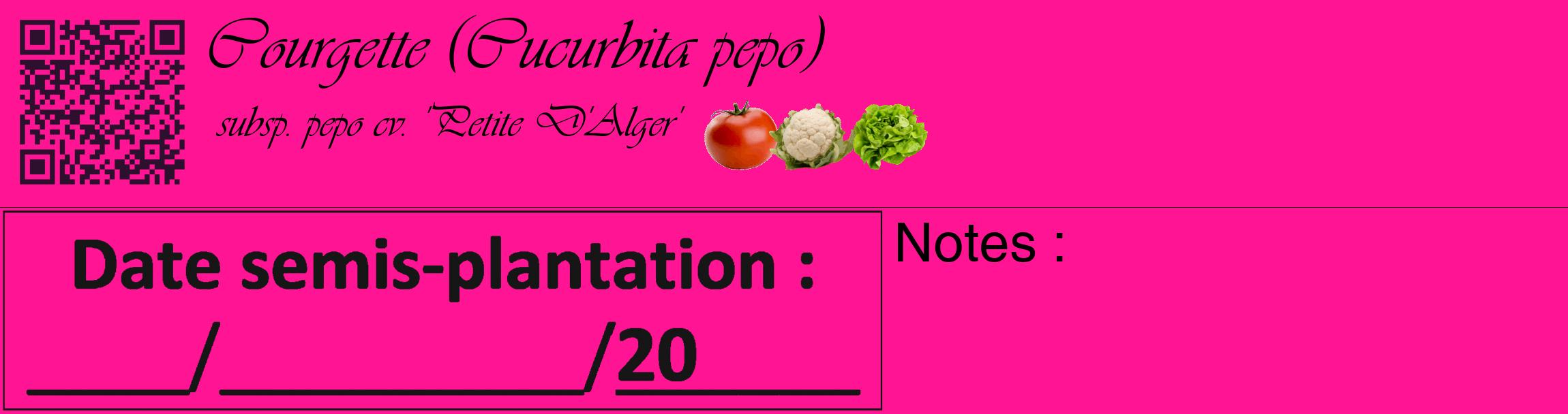 Étiquette de : Cucurbita pepo subsp. pepo cv. 'Petite D'Alger' - format c - style noire43_basique_basiqueviv avec qrcode et comestibilité simplifiée