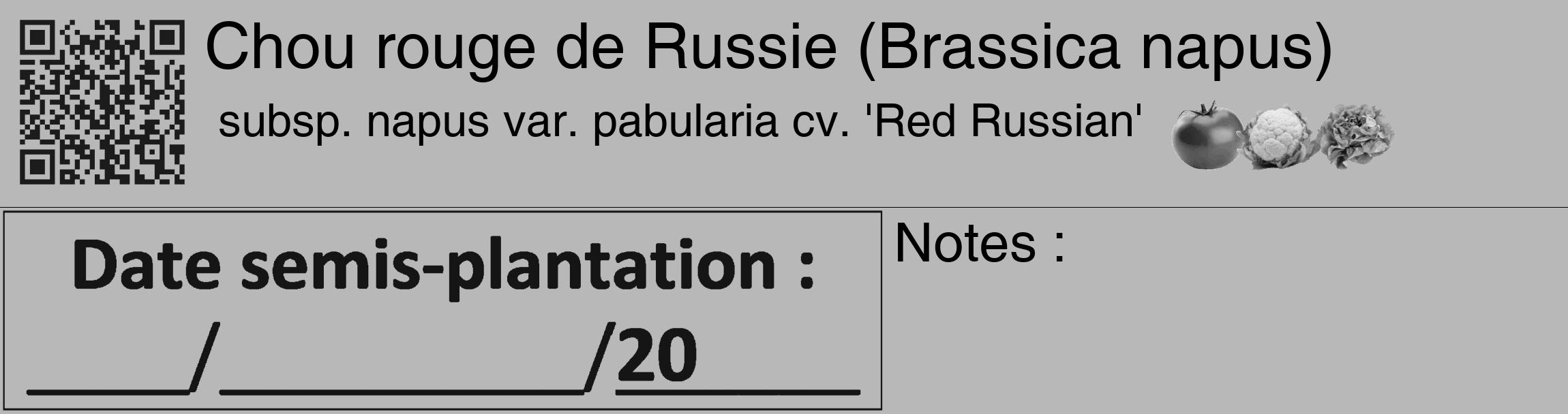 Étiquette de : Brassica napus subsp. napus var. pabularia cv. 'Red Russian' - format c - style noire39_basique_basiquehel avec qrcode et comestibilité simplifiée