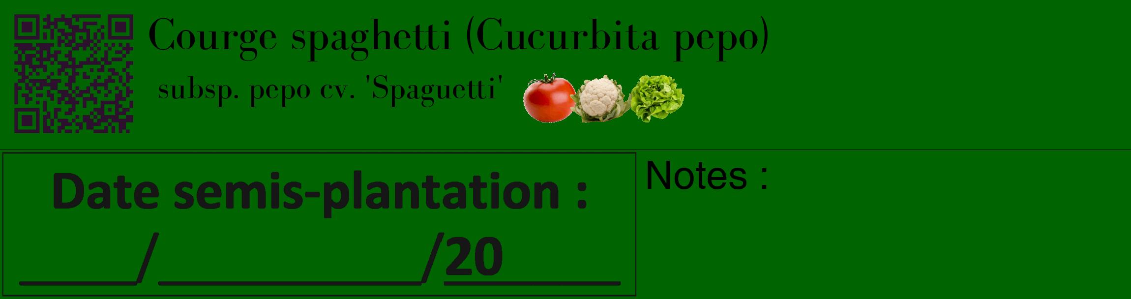 Étiquette de : Cucurbita pepo subsp. pepo cv. 'Spaguetti' - format c - style noire8_basique_basiquebod avec qrcode et comestibilité simplifiée