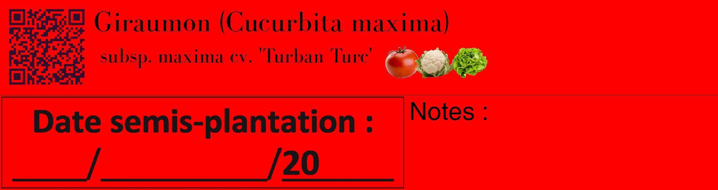 Étiquette de : Cucurbita maxima subsp. maxima cv. 'Turban Turc' - format c - style noire27_basique_basiquebod avec qrcode et comestibilité simplifiée