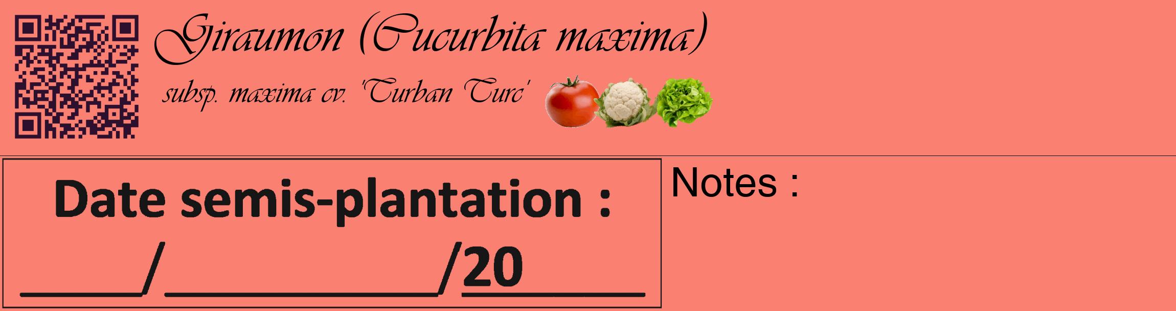Étiquette de : Cucurbita maxima subsp. maxima cv. 'Turban Turc' - format c - style noire38_basique_basiqueviv avec qrcode et comestibilité simplifiée