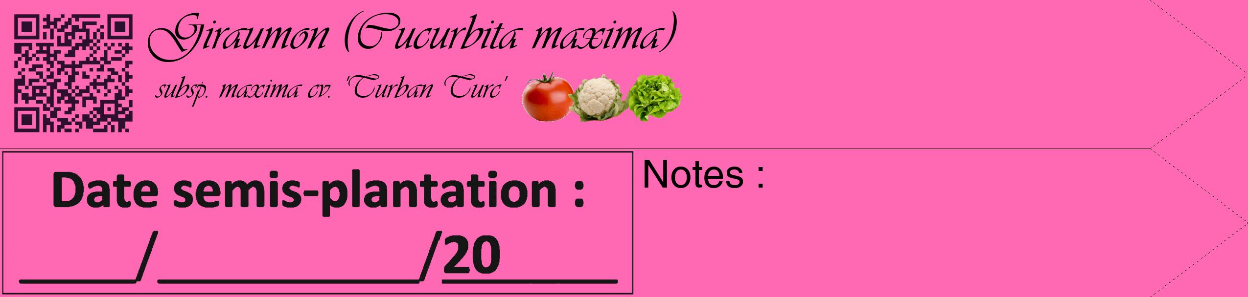 Étiquette de : Cucurbita maxima subsp. maxima cv. 'Turban Turc' - format c - style noire42simple_basique_basiqueviv avec qrcode et comestibilité simplifiée