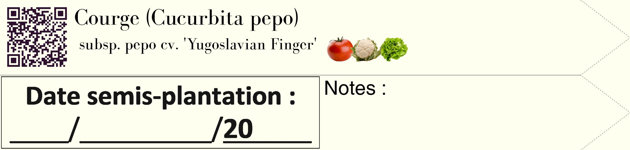 Étiquette de : Cucurbita pepo subsp. pepo cv. 'Yugoslavian Finger' - format c - style noire19_simple_simplebod avec qrcode et comestibilité simplifiée