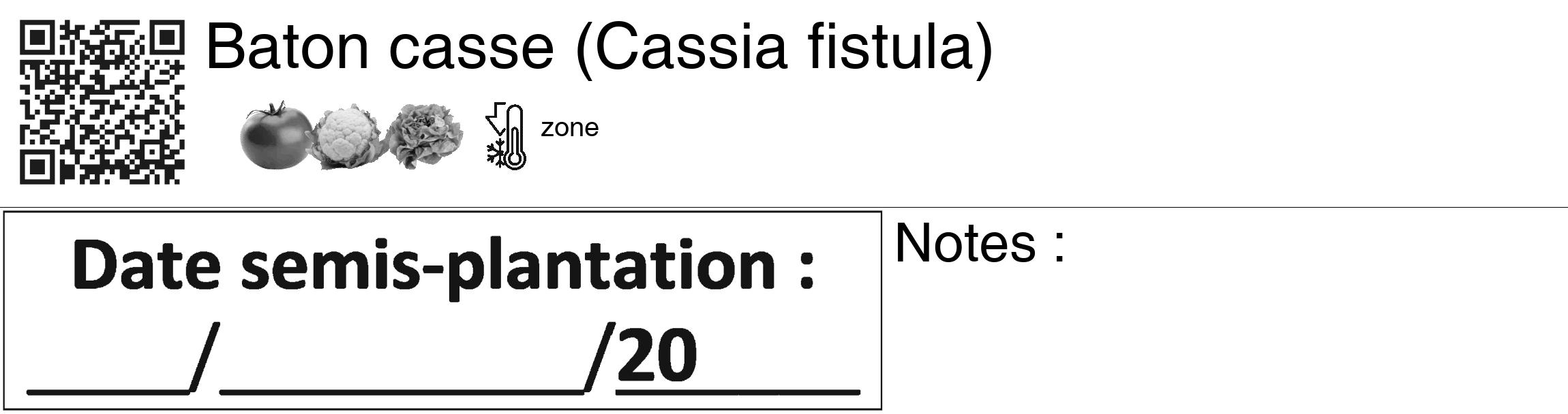 Étiquette de : Cassia fistula - format c - style noire60_basiquegrrvhel avec qrcode et comestibilité simplifiée