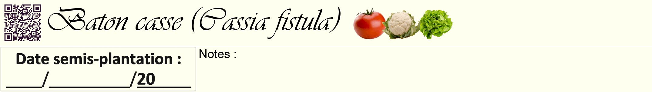 Étiquette de : Cassia fistula - format a - style noire19viv avec qrcode et comestibilité simplifiée
