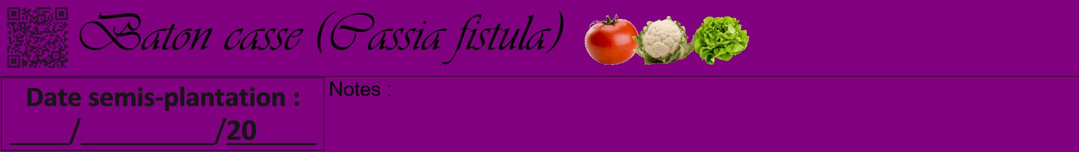 Étiquette de : Cassia fistula - format a - style noire46viv avec qrcode et comestibilité simplifiée