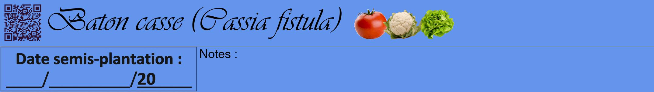 Étiquette de : Cassia fistula - format a - style noire4viv avec qrcode et comestibilité simplifiée