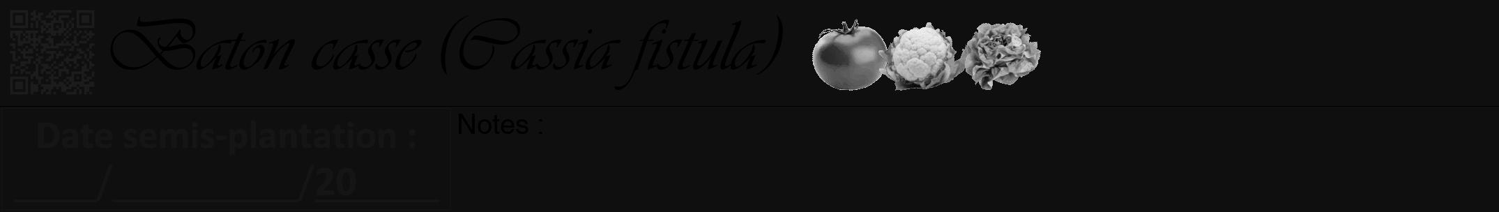 Étiquette de : Cassia fistula - format a - style noire7viv avec qrcode et comestibilité simplifiée