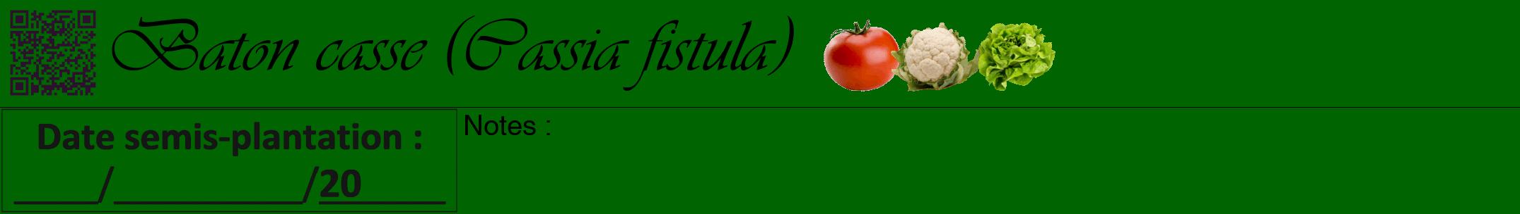 Étiquette de : Cassia fistula - format a - style noire8viv avec qrcode et comestibilité simplifiée