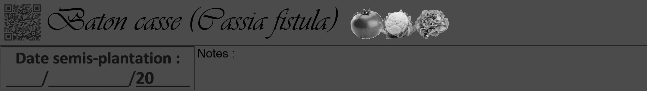 Étiquette de : Cassia fistula - format a - style noire9viv avec qrcode et comestibilité simplifiée