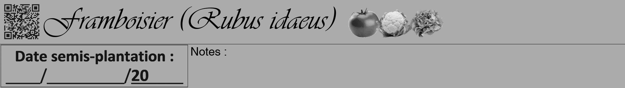 Étiquette de : Rubus idaeus - format a - style noire37viv avec qrcode et comestibilité simplifiée