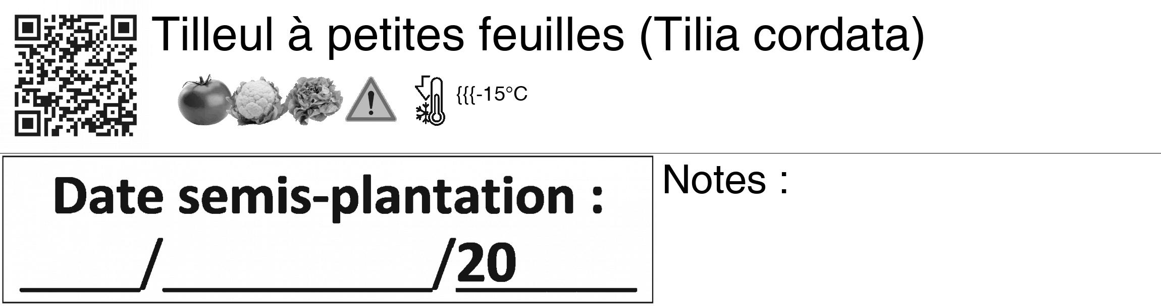 Étiquette de : Tilia cordata - format c - style noire60_basiquegrrvhel avec qrcode et comestibilité simplifiée