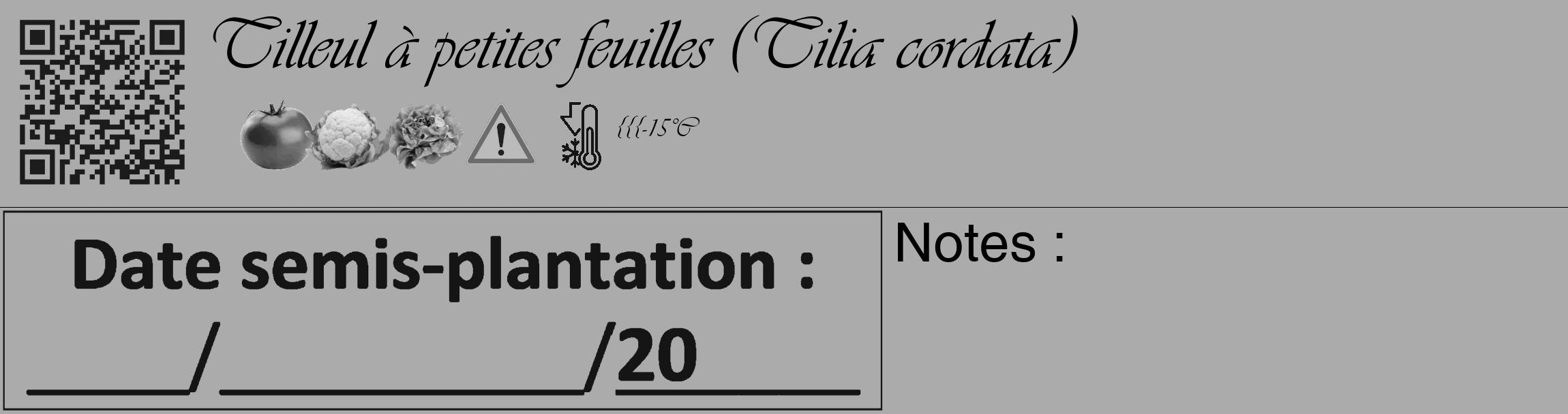 Étiquette de : Tilia cordata - format c - style noire37_basique_basiqueviv avec qrcode et comestibilité simplifiée