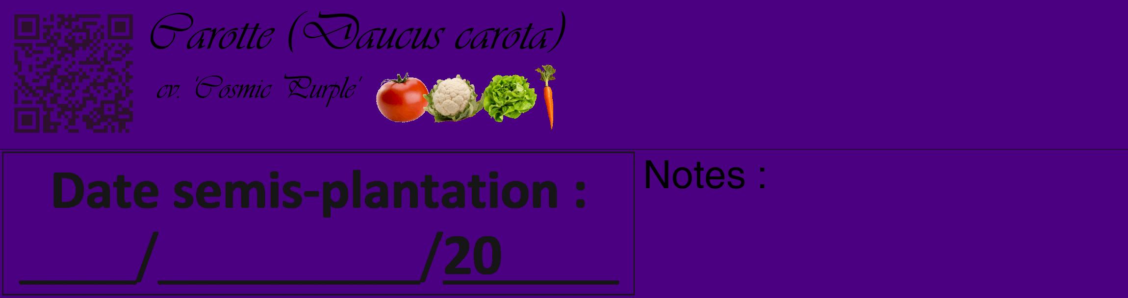 Étiquette de : Daucus carota cv. 'Cosmic Purple' - format c - style noire47_basique_basiqueviv avec qrcode et comestibilité simplifiée