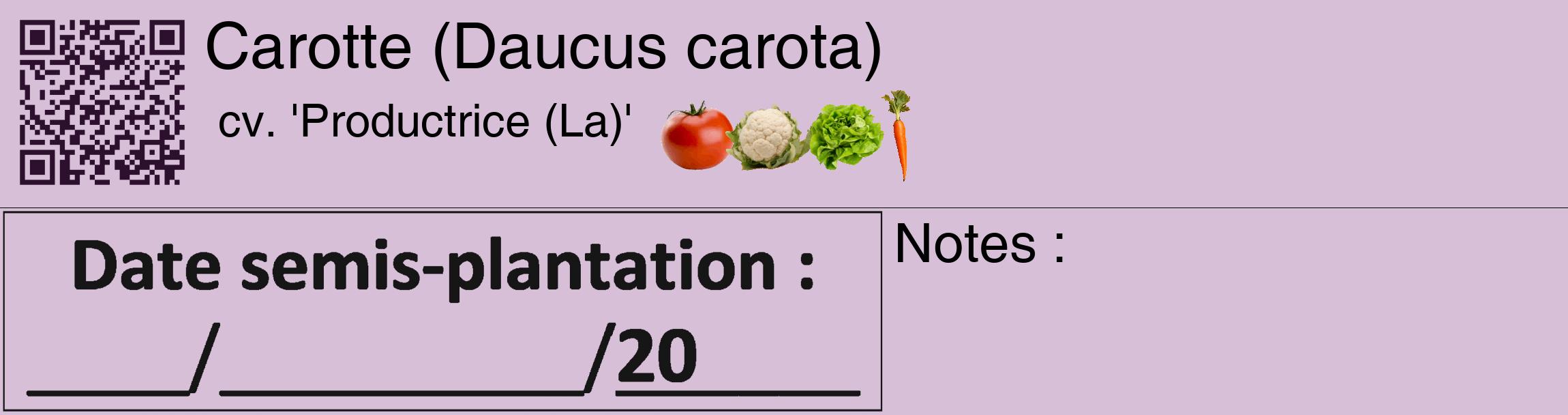 Étiquette de : Daucus carota cv. 'Productrice (La)' - format c - style noire54_basique_basiquehel avec qrcode et comestibilité simplifiée