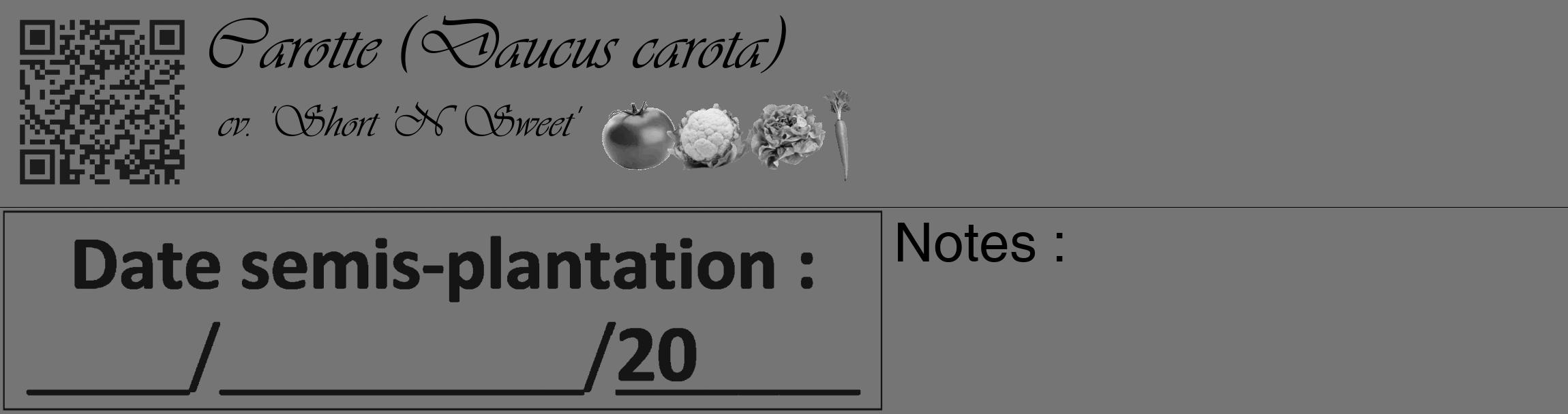 Étiquette de : Daucus carota cv. 'Short 'N Sweet' - format c - style noire5_basique_basiqueviv avec qrcode et comestibilité simplifiée