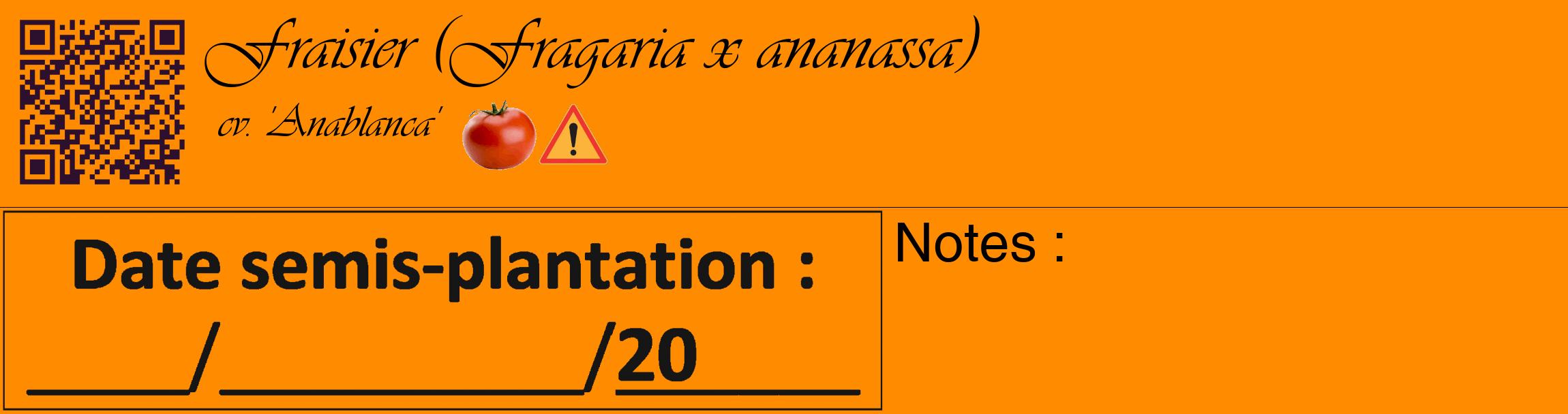 Étiquette de : Fragaria x ananassa cv. 'Anablanca' - format c - style noire23_basique_basiqueviv avec qrcode et comestibilité simplifiée