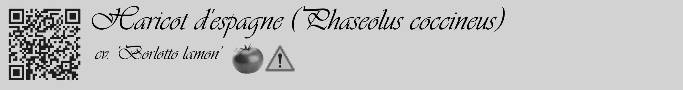 Étiquette de : Phaseolus coccineus cv. 'Borlotto lamon' - format c - style noire14_basique_basiqueviv avec qrcode et comestibilité simplifiée