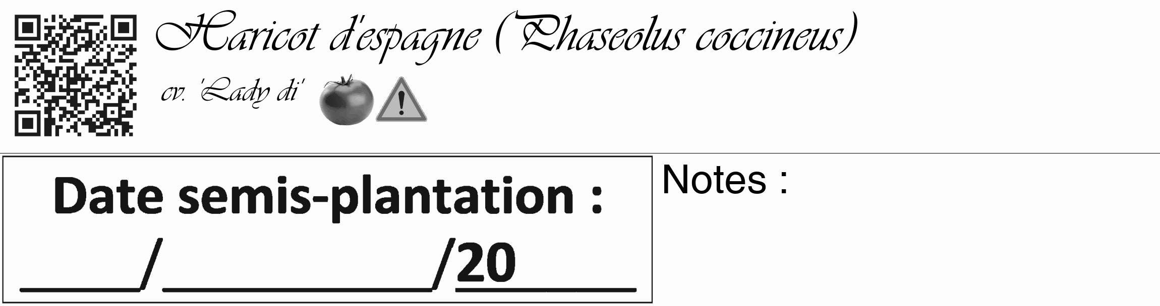 Étiquette de : Phaseolus coccineus cv. 'Lady di' - format c - style noire19_basique_basiqueviv avec qrcode et comestibilité simplifiée