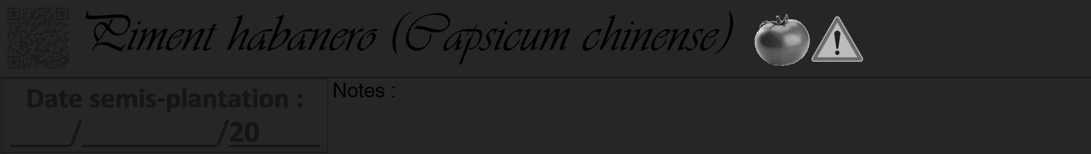 Étiquette de : Capsicum chinense - format a - style noire29viv avec qrcode et comestibilité simplifiée