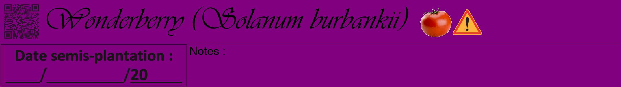 Étiquette de : Solanum burbankii - format a - style noire46simpleviv avec qrcode et comestibilité simplifiée