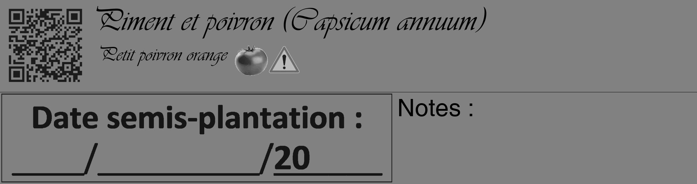 Étiquette de : Capsicum annuum Petit poivron orange - format c - style noire50_basique_basiqueviv avec qrcode et comestibilité simplifiée