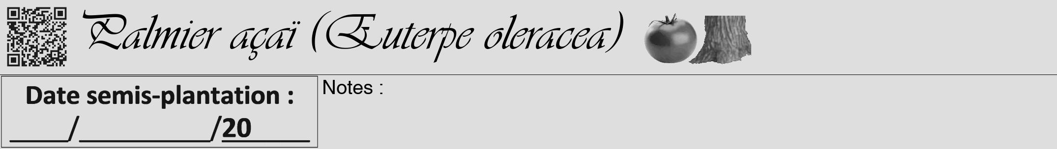 Étiquette de : Euterpe oleracea - format a - style noire20viv avec qrcode et comestibilité simplifiée
