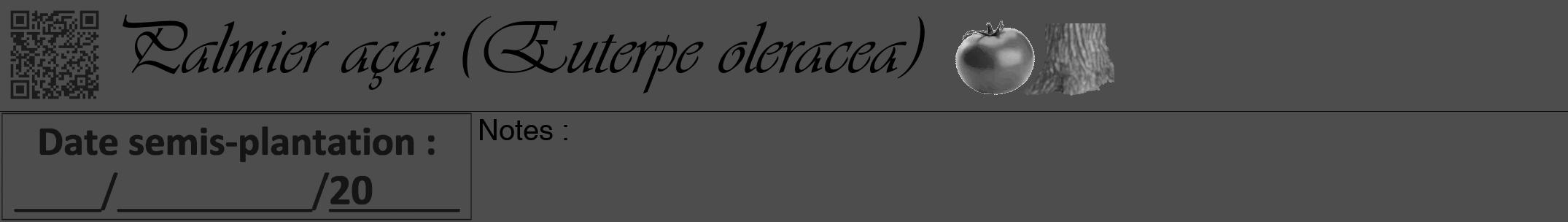 Étiquette de : Euterpe oleracea - format a - style noire28viv avec qrcode et comestibilité simplifiée