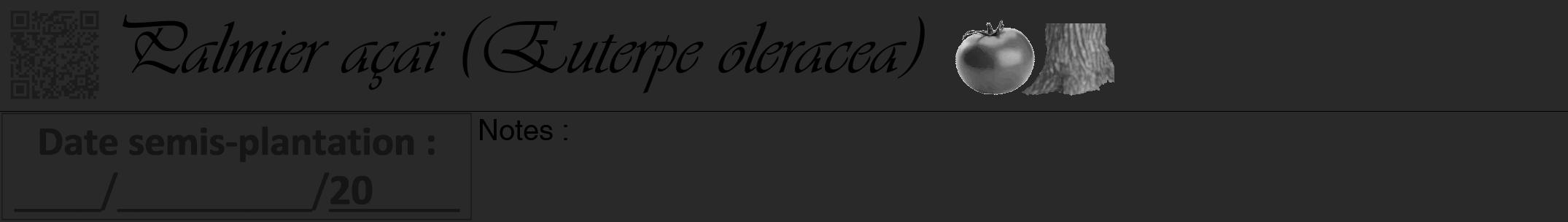 Étiquette de : Euterpe oleracea - format a - style noire34viv avec qrcode et comestibilité simplifiée