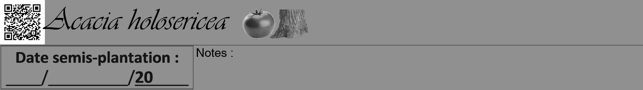Étiquette de : Acacia holosericea - format a - style noire4viv avec qrcode et comestibilité simplifiée