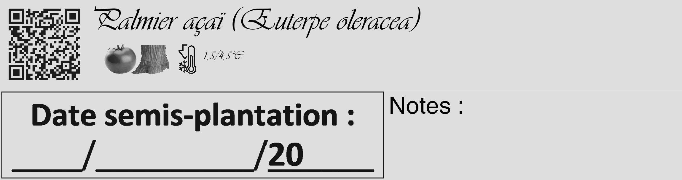 Étiquette de : Euterpe oleracea - format c - style noire20_basique_basiqueviv avec qrcode et comestibilité simplifiée