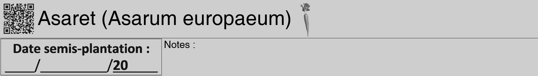 Étiquette de : Asarum europaeum - format a - style noire17hel avec qrcode et comestibilité simplifiée