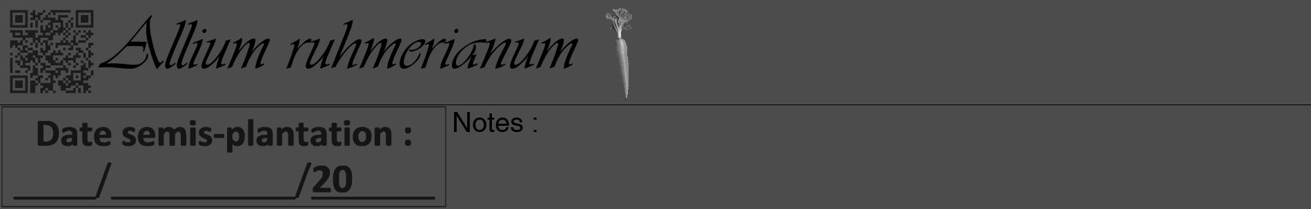 Étiquette de : Allium ruhmerianum - format a - style noire27basiqueviv avec qrcode et comestibilité simplifiée