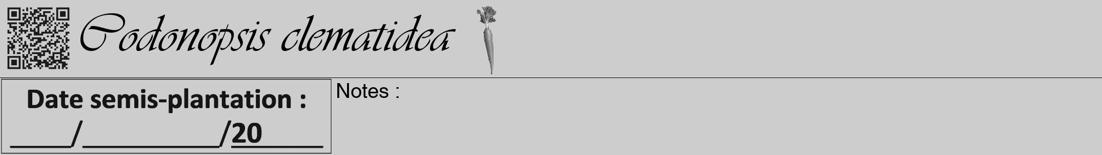 Étiquette de : Codonopsis clematidea - format a - style noire41viv avec qrcode et comestibilité simplifiée