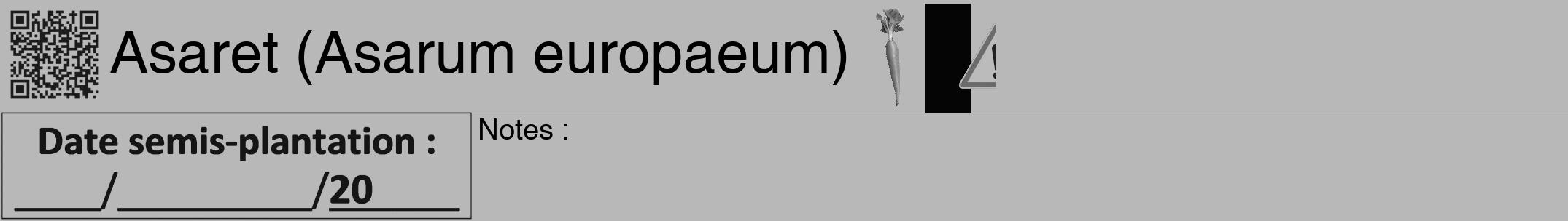 Étiquette de : Asarum europaeum - format a - style noire39hel avec qrcode et comestibilité simplifiée