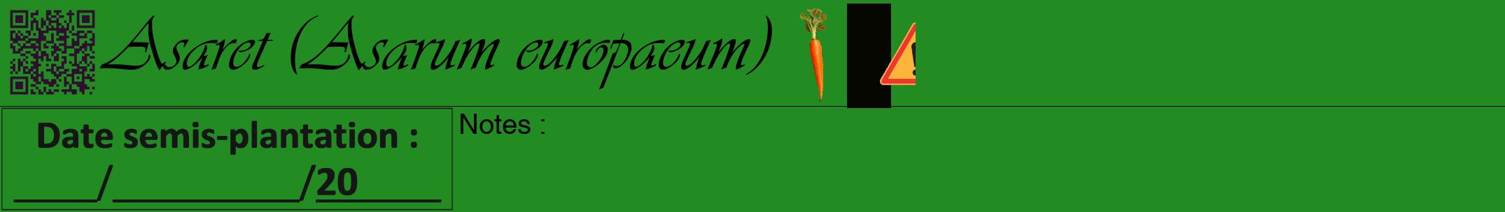 Étiquette de : Asarum europaeum - format a - style noire10viv avec qrcode et comestibilité simplifiée
