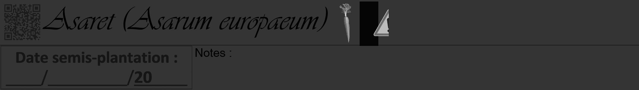 Étiquette de : Asarum europaeum - format a - style noire46viv avec qrcode et comestibilité simplifiée
