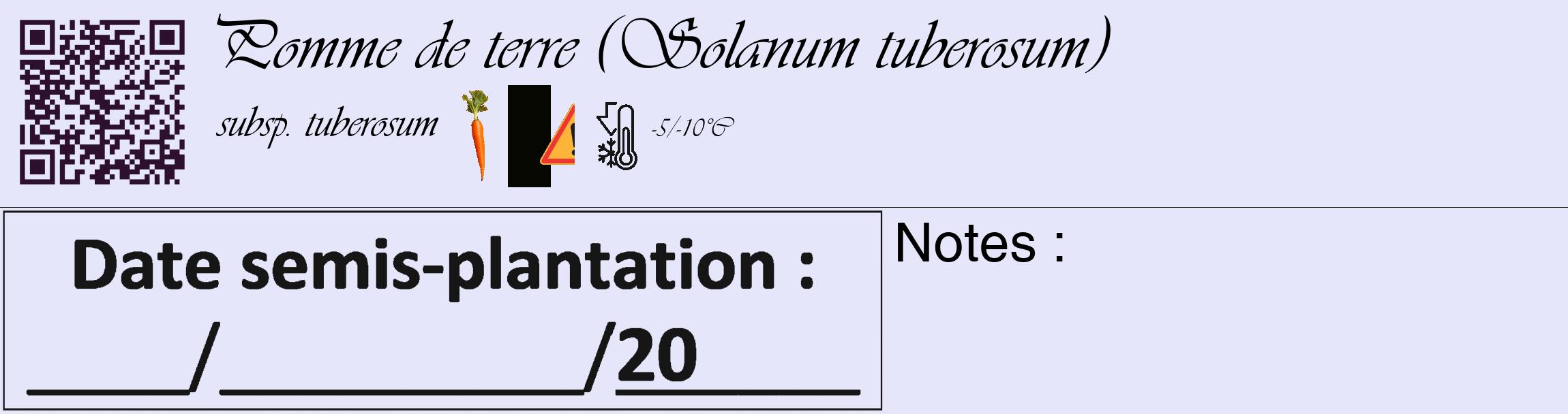 Étiquette de : Solanum tuberosum subsp. tuberosum - format c - style noire55_basique_basiqueviv avec qrcode et comestibilité simplifiée