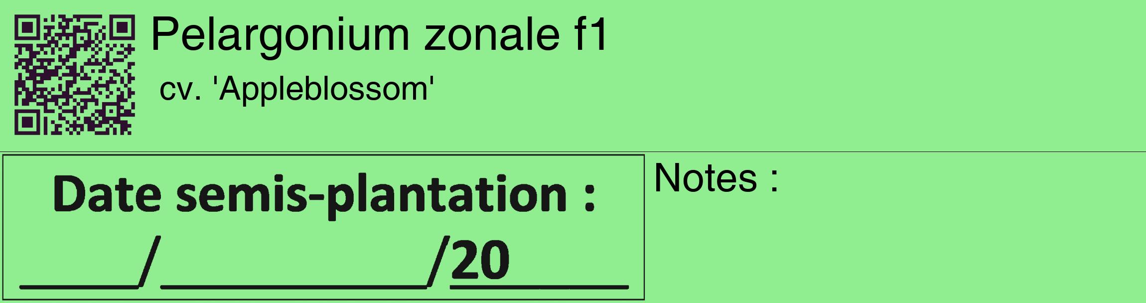 Étiquette de : Pelargonium zonale f1 cv. 'Appleblossom' - format c - style noire15_basique_basiquehel avec qrcode et comestibilité