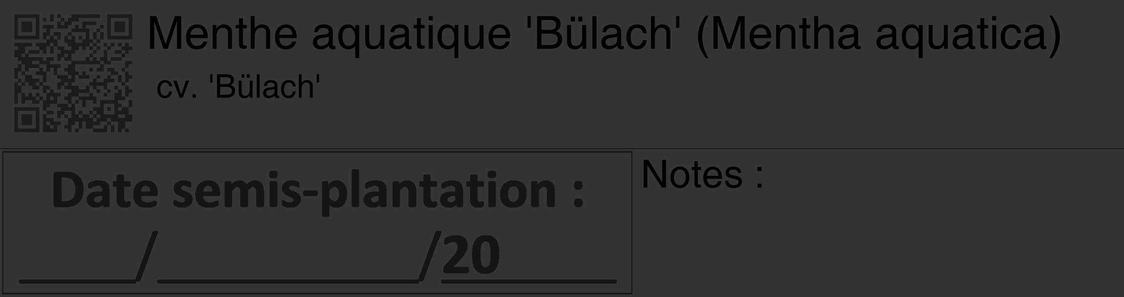 Étiquette de : Mentha aquatica cv. 'Bülach' - format c - style noire46_basique_basiquehel avec qrcode et comestibilité
