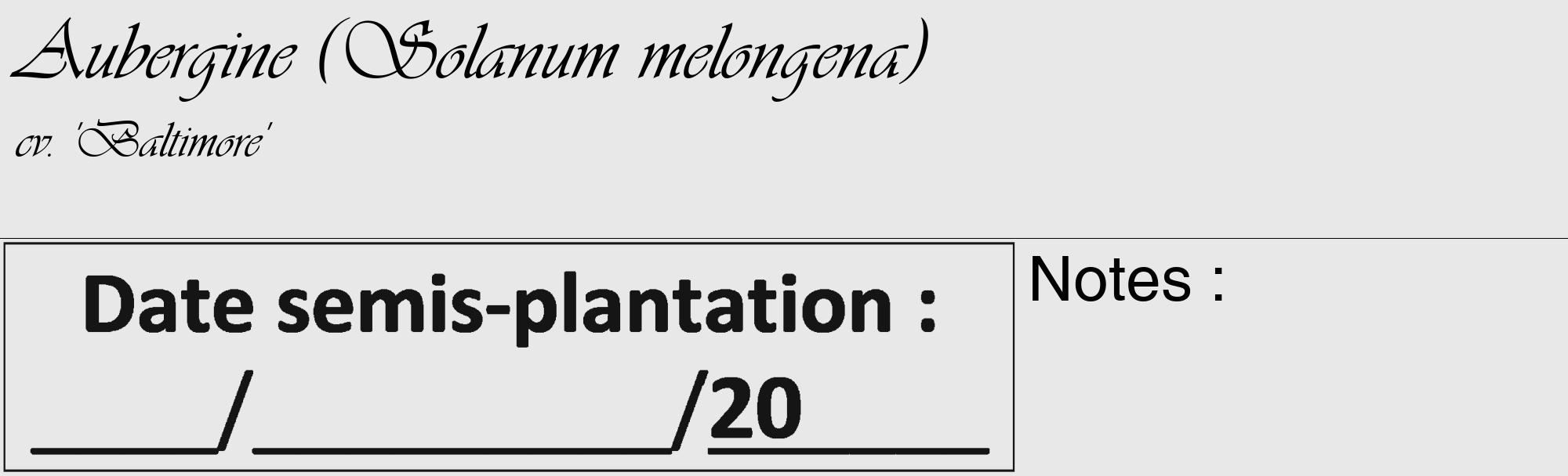 Étiquette de : Solanum melongena cv. 'Baltimore' - format c - style noire55_basique_basiqueviv avec comestibilité