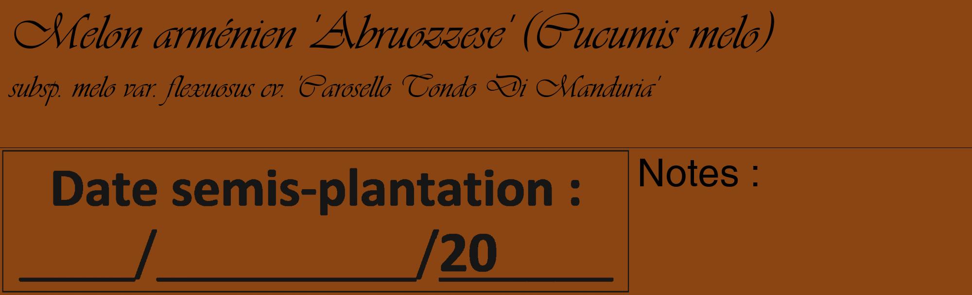 Étiquette de : Cucumis melo subsp. melo var. flexuosus cv. 'Carosello Tondo Di Manduria' - format c - style noire30_basique_basiqueviv avec comestibilité