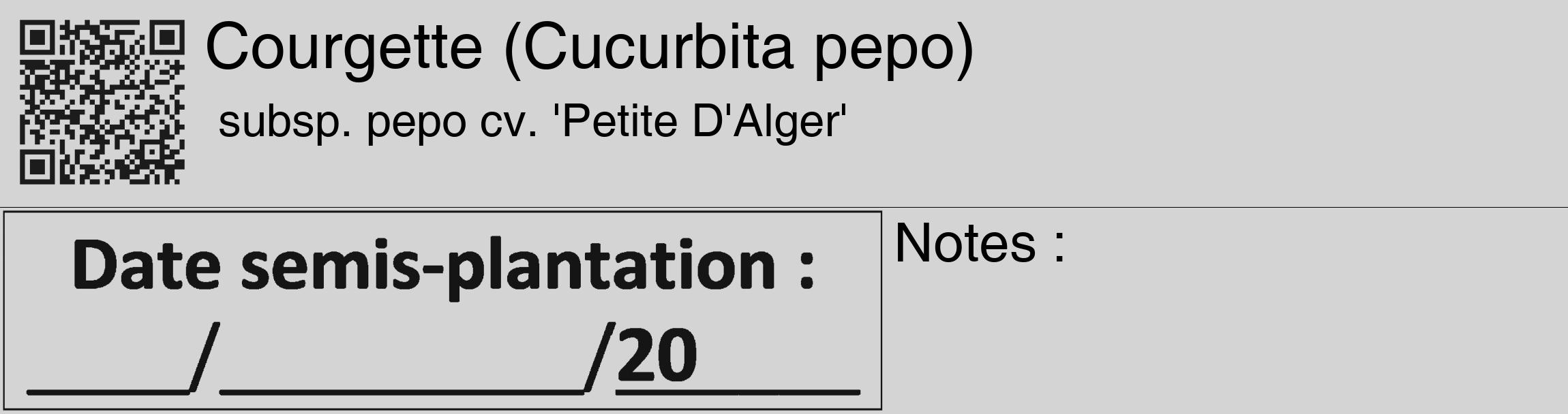 Étiquette de : Cucurbita pepo subsp. pepo cv. 'Petite D'Alger' - format c - style noire40_basique_basiquehel avec qrcode et comestibilité